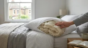 A close-up photorealistic photograph of natural, crimped British wool batting used as a breathable, organic pillow material for sleeping, illuminated by soft daylight from a British window.