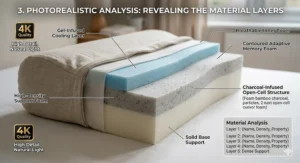 A photorealistic technical guide of an orthopaedic contour pillow, showing dimensions in centimetres and highlighting the cervical spine support zones and digital sensor readout.