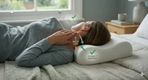 Alt text for image 4: Close-up of a contoured memory foam orthopaedic pillow designed to cradle the neck and shoulders for pain relief.