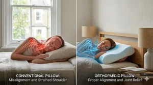 Alt text for image 2: Diagram showing proper spinal alignment and reduced shoulder pressure when using a contoured memory foam pillow.