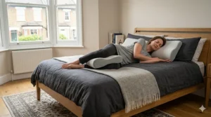 Illustration of a side sleeper using an orthopaedic pillow for lower back pain relief between the knees.