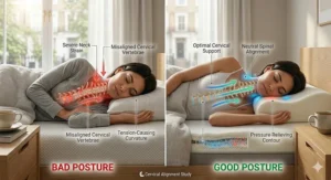 A side-by-side comparison showing how a flat, unsupportive pillow causes neck strain versus a supportive pillow that prevents morning stiffness.