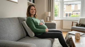 An expectant mother using a lumbar pillow for lower back pain relief while resting in a chair.