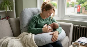 A new mum using a curved pregnancy pillow as a nursing cushion to support her baby during breastfeeding in a calm British living room, with a soft mug of tea and a magazine nearby.