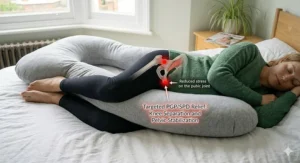 A photorealistic illustration in a light bedroom showing a pregnant woman lying on her side with a U-shaped pregnancy pillow positioned between her knees to alleviate Pelvic Girdle Pain and SPD symptoms, providing crucial pelvic stabilization.