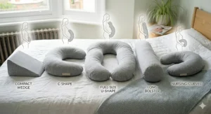 A photorealistic comparison showing five distinct grey pregnancy pillow shapes—a compact wedge, a C-shape, a full-size U-shape, a long bolster, and a small curved feeding pillow—arranged side-by-side on a standard UK King Size bed to demonstrate their range and scale in a modern British bedroom.