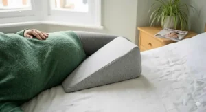 Illustration of a firm foam pregnancy wedge pillow placed directly under a growing bump to relieve pressure and provide support while side-sleeping in a light-filled British bedroom.