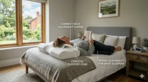 Alt text for image 3: A close-up illustration of high-density memory foam reacting to pressure to help alleviate neck and shoulder aches.