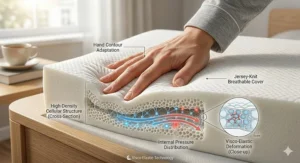 A close-up shot of high-density memory foam reacting to pressure, highlighting the material used to alleviate morning neck aches.