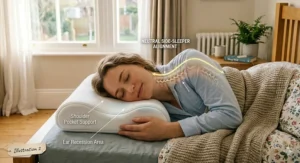 A side sleeper using a memory foam pillow for chronic neck pain to maintain neutral spinal alignment and shoulder support.
