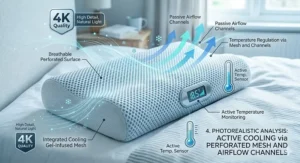 A side-by-side photorealistic analysis showing the difference between spinal strain from an incorrect pillow and perfect neutral alignment with a contoured orthopaedic pillow.