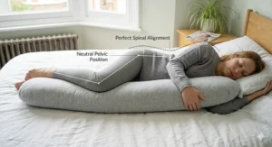 A photorealistic diagram illustrating how a long pregnancy bolster pillow keeps a woman's hips and spine in neutral alignment to prevent aches while side-sleeping.