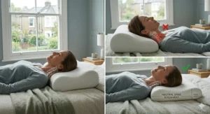 Alt text for image 3: A photorealistic demonstration of a soft pillow causing the head to sink, resulting in muscle strain and poor neck posture.