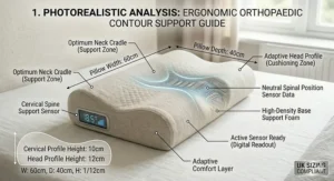 A scale diagram comparing the contoured pillow dimensions against a standard UK King size bed, featuring a subtle spinal alignment overlay to demonstrate ideal support.