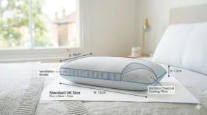 A 4K photorealistic diagram of the premium cooling pillow with technical callouts and dimensional labels defining its standard UK size of 75cm by 50cm.