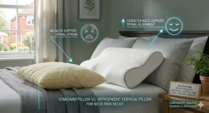 A high-detail comparison photograph showing a standard flat pillow next to an orthopaedic memory foam cervical pillow, with text analysing the difference in spinal strain.