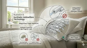 Magnified view of synthetic hollowfibre technology showing the hollow core designed for airflow and loft in anti-allergy bedding.