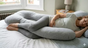 Illustration of a U-shaped pregnancy pillow in a light-filled bedroom, demonstrating its ability to provide simultaneous support for the head, back, and knees for a sleeping pregnant woman.