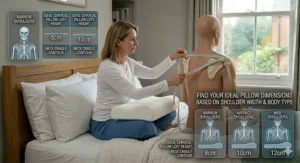 Detailed illustration showing standard UK pillow sizes (50 x 75 cm) and height recommendations for different body types.