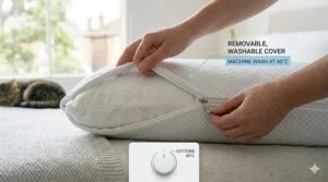 A 4K photorealistic close-up of a person zipping a removable, textured cooling cover over the pillow, featuring an integrated washing machine icon and 40°C temperature guide.