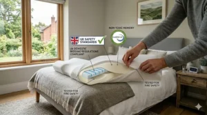 Alt text for image 7: A detailed view of a breathable, zipped hypoallergenic cover being removed from a contour pillow for washing.