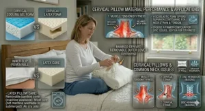 A person removing a machine-washable bamboo cover from a latex cervical pillow for cleaning and maintenance.