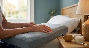 Alt text for image 4: Illustration of a cervical pillow supporting the natural curve of the neck for a back sleeper with osteoarthritis.