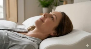 Back sleeper using a contoured orthopaedic pillow to support the natural curve of the neck.