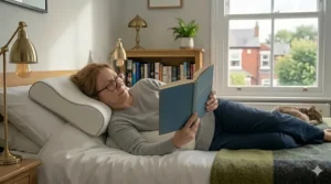 A person lying on their back with a contoured pillow that cradles the neck and prevents the shoulders from slouching forward.