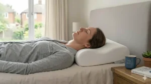 A restful person sleeping peacefully on their back, demonstrating healthy posture with the contoured orthopaedic pillow cradling their cervical spine.