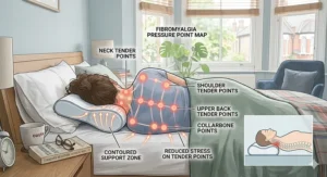 A medical style diagram showing a back sleeper's cervical alignment arch supported by a contoured pillow with a shoulder relief canal.