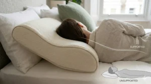 Ergonomic pillow promoting neutral spinal alignment for back sleepers.