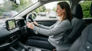 A driver in a UK car uses the best lumbar support pillow to maintain comfortable posture during a journey, with the diamond-quilted cushion visible against the car seat.