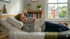 An illustration of a pillow with an integrated cooling gel layer to help manage inflammation and discomfort during the night.