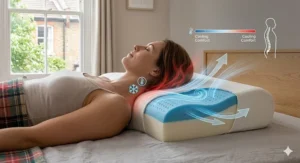 Alt text for image 6: Illustration showing airflow through a breathable pillow cover to prevent overheating while maintaining sleeping posture.