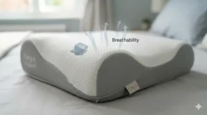 A macro photorealistic detail of the breathable geometric fabric weave on an orthopaedic pillow, with graphical arrows illustrating airflow and temperature regulation.