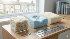 Comparison of UK side sleeper pillow materials including hypoallergenic British wool and cooling gel memory foam for temperature regulation.