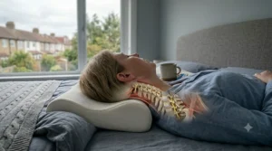 A person sleeping on their side, demonstrating how the contoured contour pillow fills the gap between the neck and the mattress to reduce joint strain.