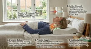Diagram showing a cervical roll inserted into a pillowcase for extra neck support for herniated disc sufferers.