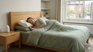 A cosy UK bedroom featuring an ergonomic sleeping setup with specialised pillows for chronic pain management.