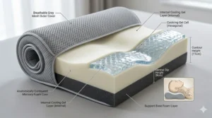 An illustration of the internal cooling gel layer designed to regulate temperature throughout the night.