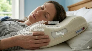 A cross-section illustration of a memory foam pillow featuring a breathable cooling gel layer to help soothe inflammation and regulate temperature overnight.