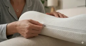 Cross-section view of a breathable orthopaedic pillow with integrated cooling gel technology.