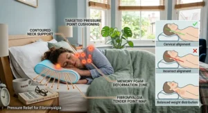 A technical cross-section graphic of an adaptive pressure-relieving pillow, demonstrating cooling gel memory foam, temperature-regulating channels, and a firm supportive base.
