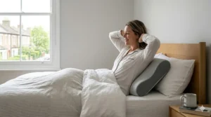 An individual resting on their back with an ergonomic pillow cradling the base of the skull for optimal airway and neck alignment.
