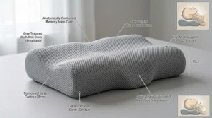A bright, airy UK master bedroom featuring an ergonomic alignment pillow, emphasising a restful and pain-free start to the morning.