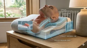 A close-up view of the ergonomic curves designed to cradle the cervical spine and reduce morning neck stiffness.
