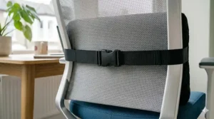 Detailed close-up of the black memory foam lumbar support pillow, showing how its adjustable strap and buckle system secure it tightly to the grey mesh backrest of the office chair.