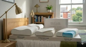 An informative graphic showing the width and depth of an ergonomic pillow suitable for UK standard bed sizes.