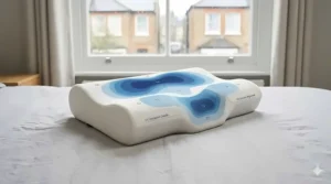 Infographic illustrating the pressure-relieving zones of a contour pillow designed for fibromyalgia relief.